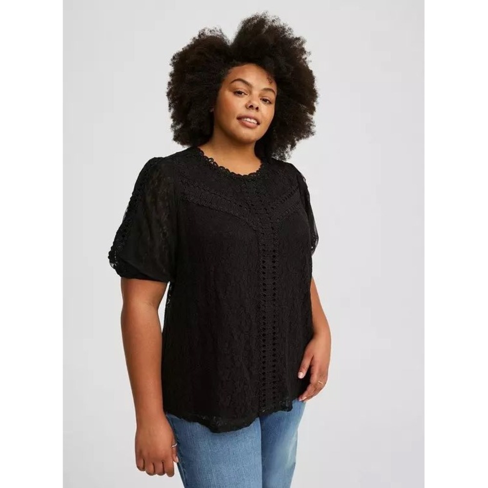 Torrid Black Lace Short Puff Sleeve Crochet Trim Blouse Top Plus Size 5 5X NEW - Picture 5 of 14